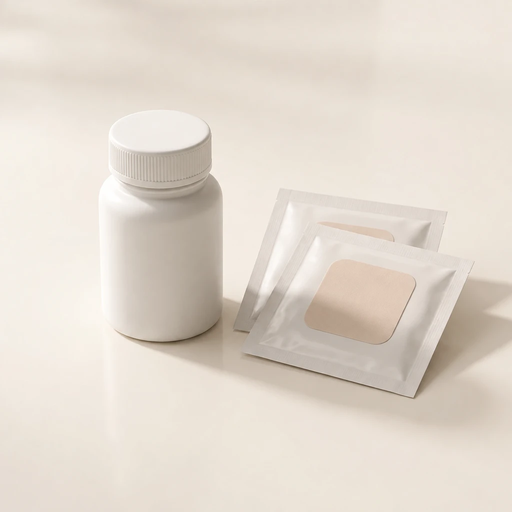 Plain white bottle and two patch sachets on a cream background